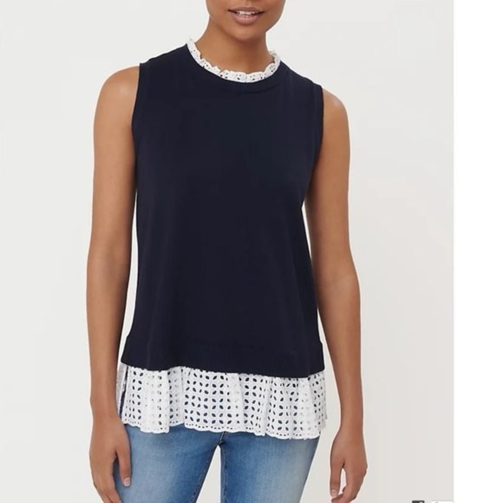 ❄️ LOFT Eyelet Mixed Media Sweater Tank Forever Navy Small